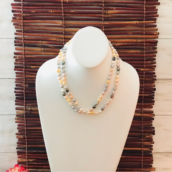 Honora Cream & Grey Long Pearl Necklace .925 Sterling Silver clasp 36” - Picture 4 of 12